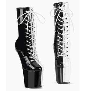 Pleaser Craze-1040TT Black White Two Tone Heelless Platform Boots 8" Size 8